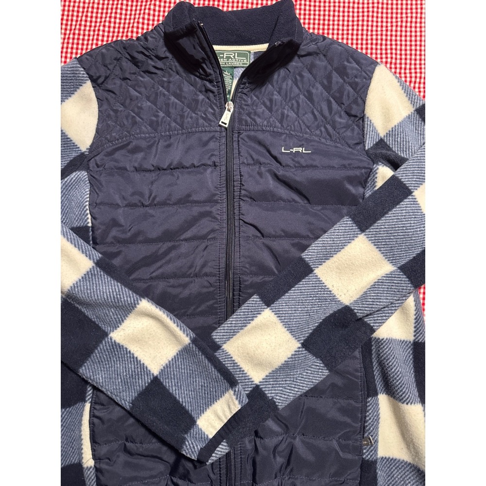 Lauren Ralph Lauren‎ LRL Quilted Fleece Jacket Navy Buffalo Plaid Women's Size L